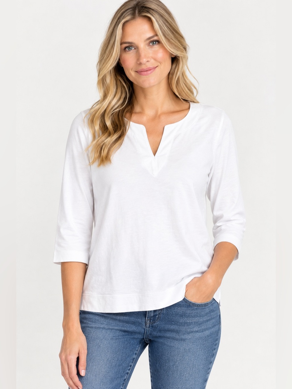 L.L. Bean White Split V-Neck 3/4 Sleeve Top